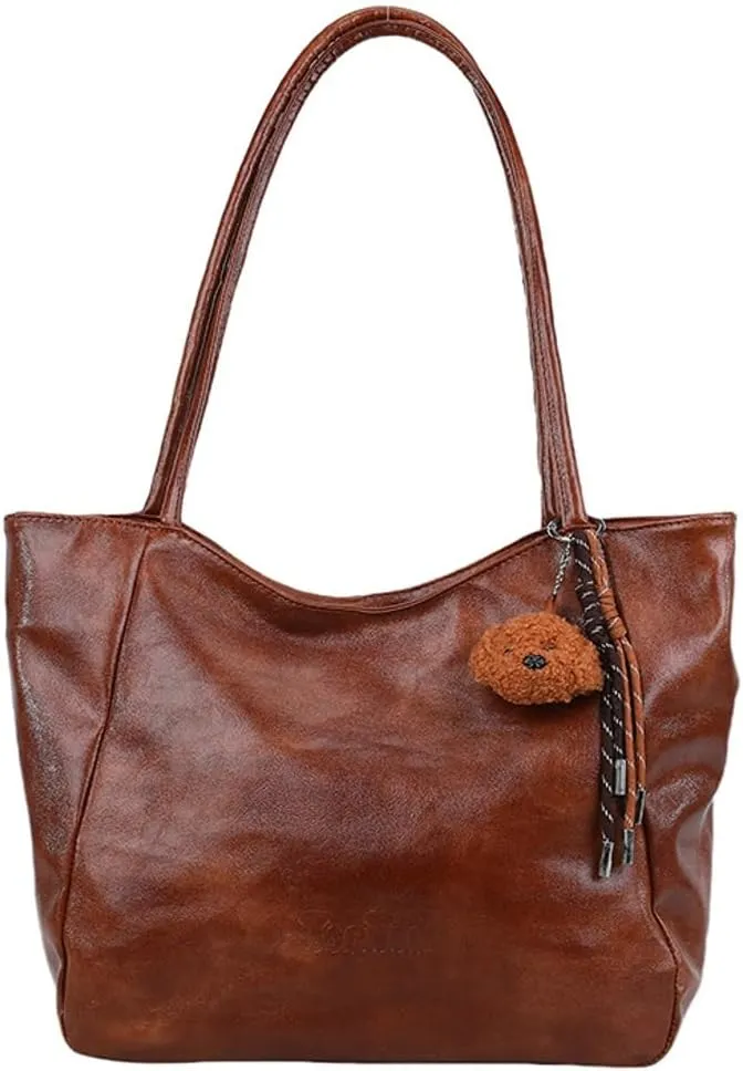 Womens Tote Bags Vintage Top Handle Satchel Handbags Vegan Leather Tote Bag with Cute Pendant Shoulder Purse