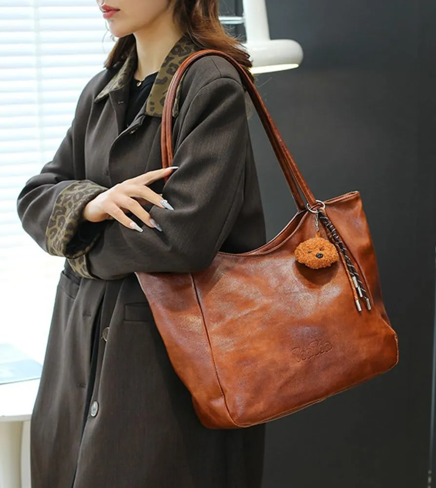 Womens Tote Bags Vintage Top Handle Satchel Handbags Vegan Leather Tote Bag with Cute Pendant Shoulder Purse