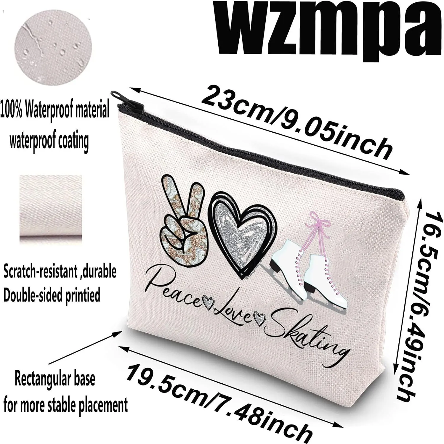 WZMPA Ice Skating Cosmetic Make Up Bag Figure Skating Inspired Gift Peace Love Skating Makeup Zipper Pouch Bag Skating Ice Merchandise (Peace Skating)