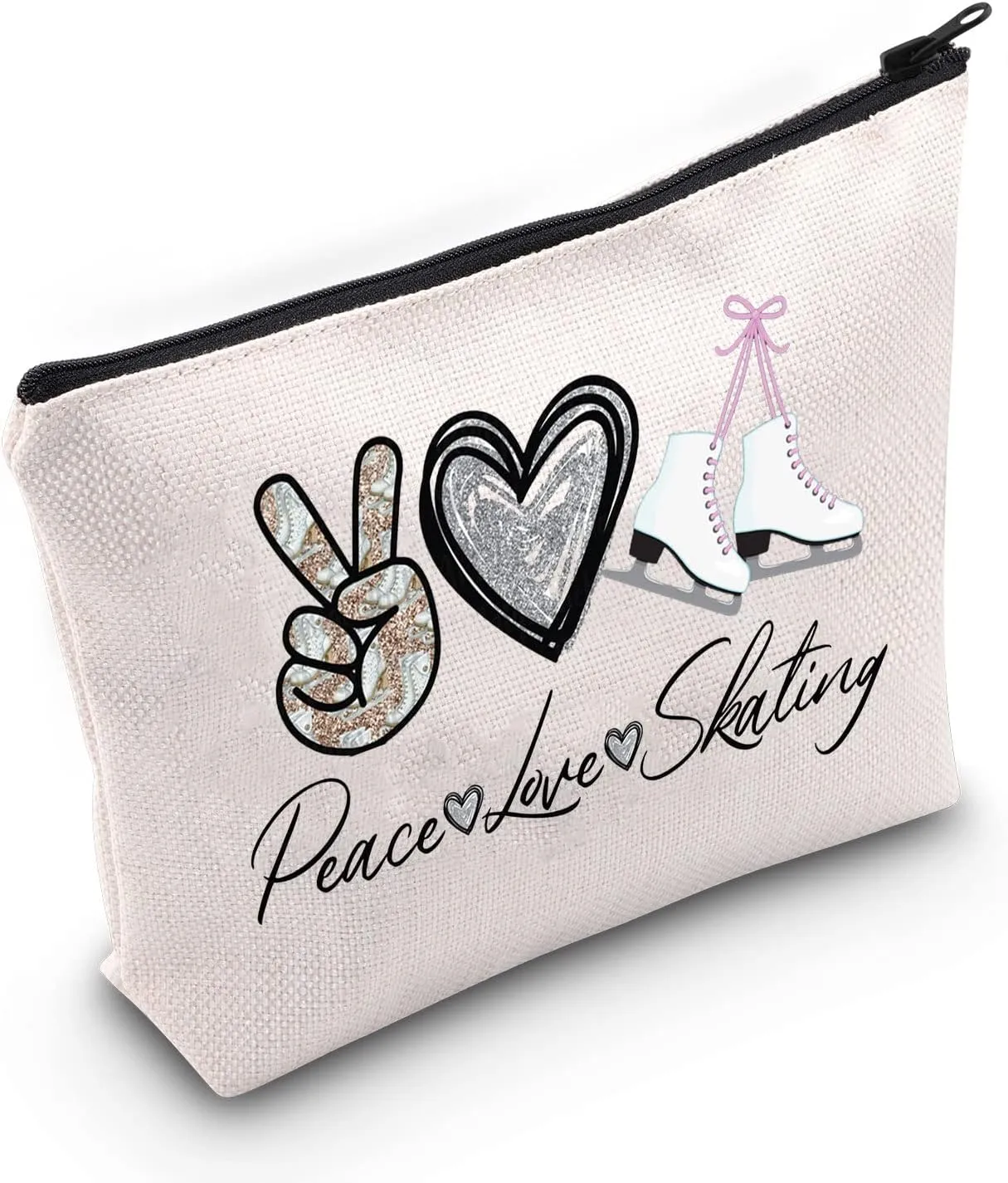 WZMPA Ice Skating Cosmetic Make Up Bag Figure Skating Inspired Gift Peace Love Skating Makeup Zipper Pouch Bag Skating Ice Merchandise (Peace Skating)
