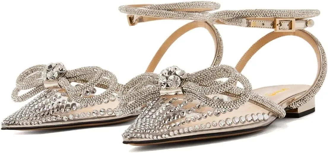 XYD Women Pointed Toe Slingback Flats Sandals Ankle Wrap Strappy Double Bow Crystal Ballerinas Sparkle Evening Shoes