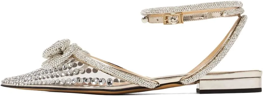 XYD Women Pointed Toe Slingback Flats Sandals Ankle Wrap Strappy Double Bow Crystal Ballerinas Sparkle Evening Shoes