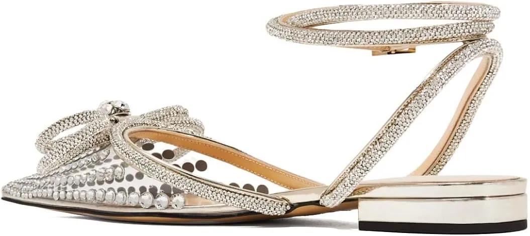 XYD Women Pointed Toe Slingback Flats Sandals Ankle Wrap Strappy Double Bow Crystal Ballerinas Sparkle Evening Shoes
