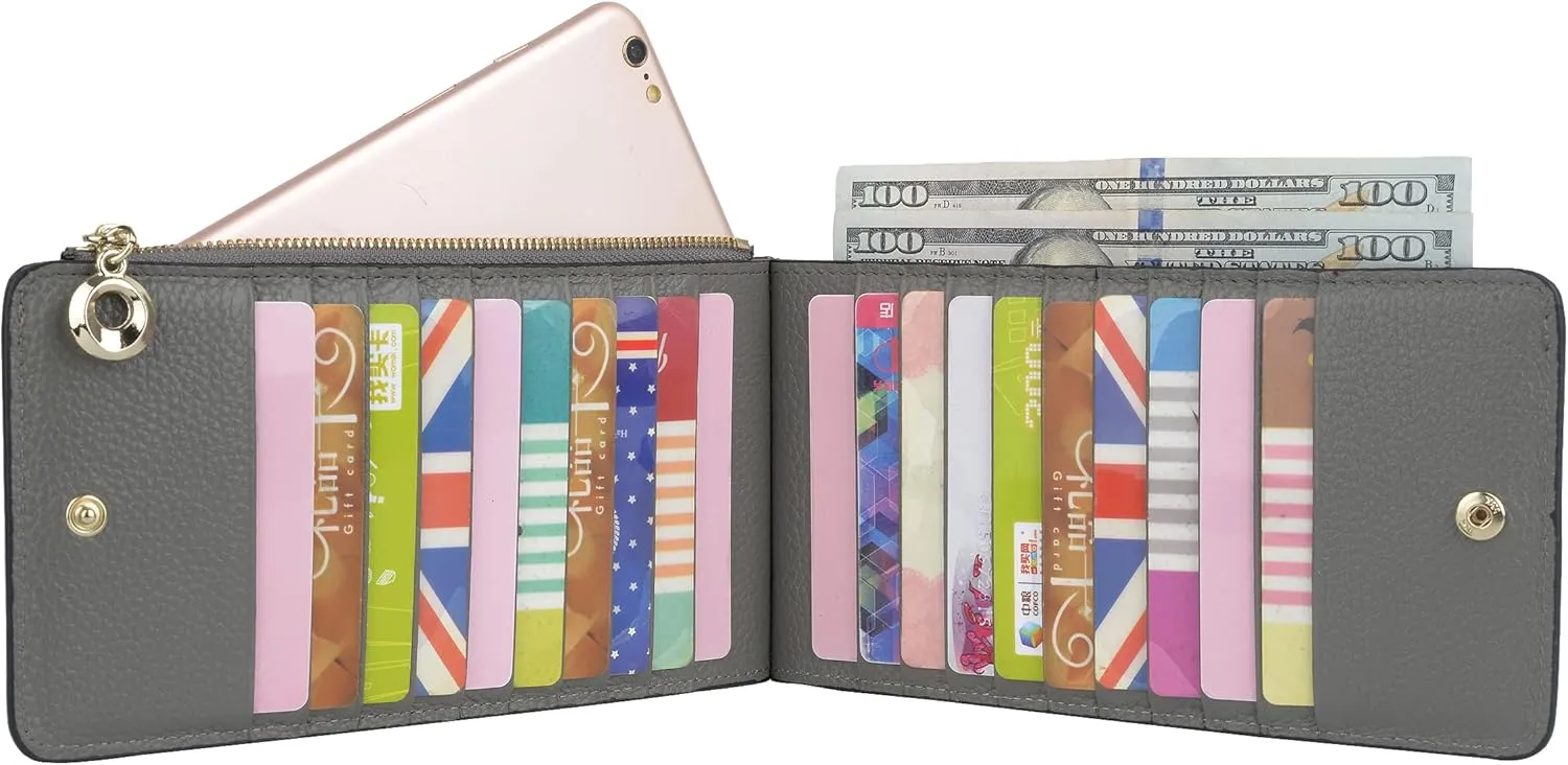 YALUXE Women's RFID Blocking Genuine Leather Multi Card Organizer Wallet with Zipper Pocket RFID Blocking Grey