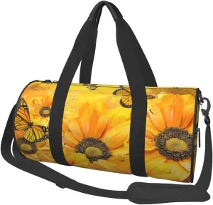 Yellow Flowers Butterflies Printed Sports Gym Bag for Men Women Foldable Duffel Bag Carry On Weekender Bag for Travel Sports