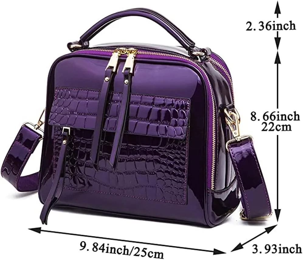 ZiMing Glossy Patent Leather Satchel Handbags for Women Top Handle Crossbody Bag Shoulder Bag Crocodile Pattern Purse