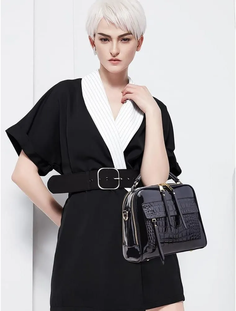 ZiMing Glossy Patent Leather Satchel Handbags for Women Top Handle Crossbody Bag Shoulder Bag Crocodile Pattern Purse