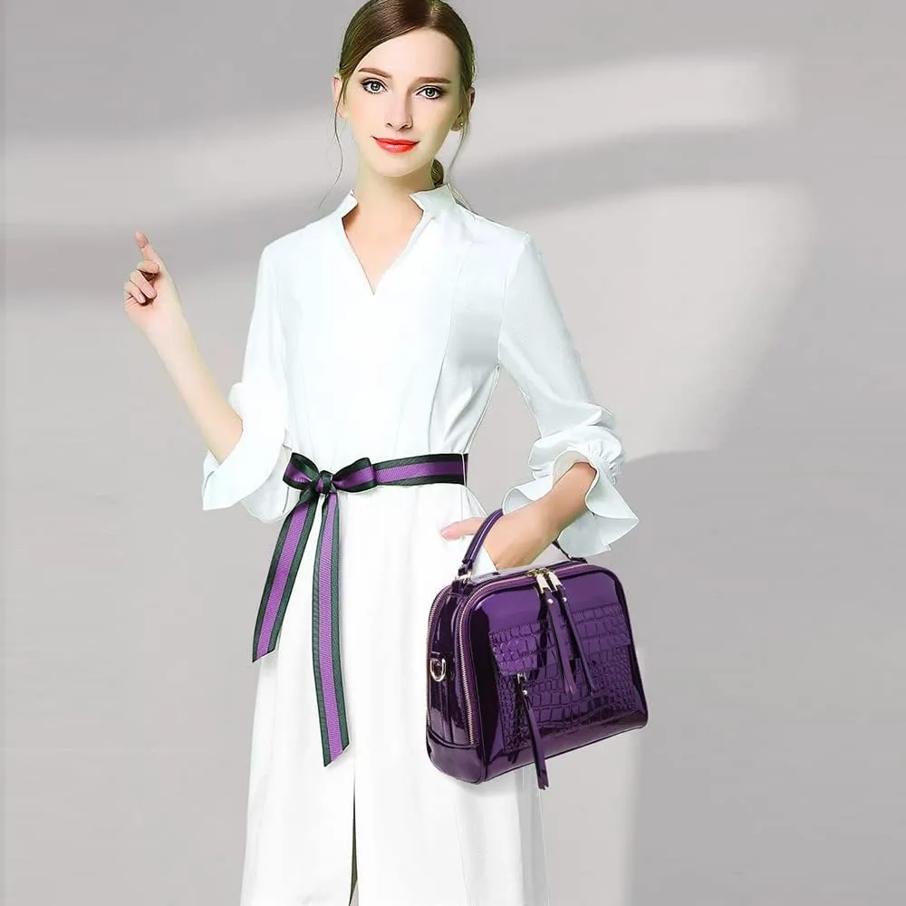 ZiMing Glossy Patent Leather Satchel Handbags for Women Top Handle Crossbody Bag Shoulder Bag Crocodile Pattern Purse