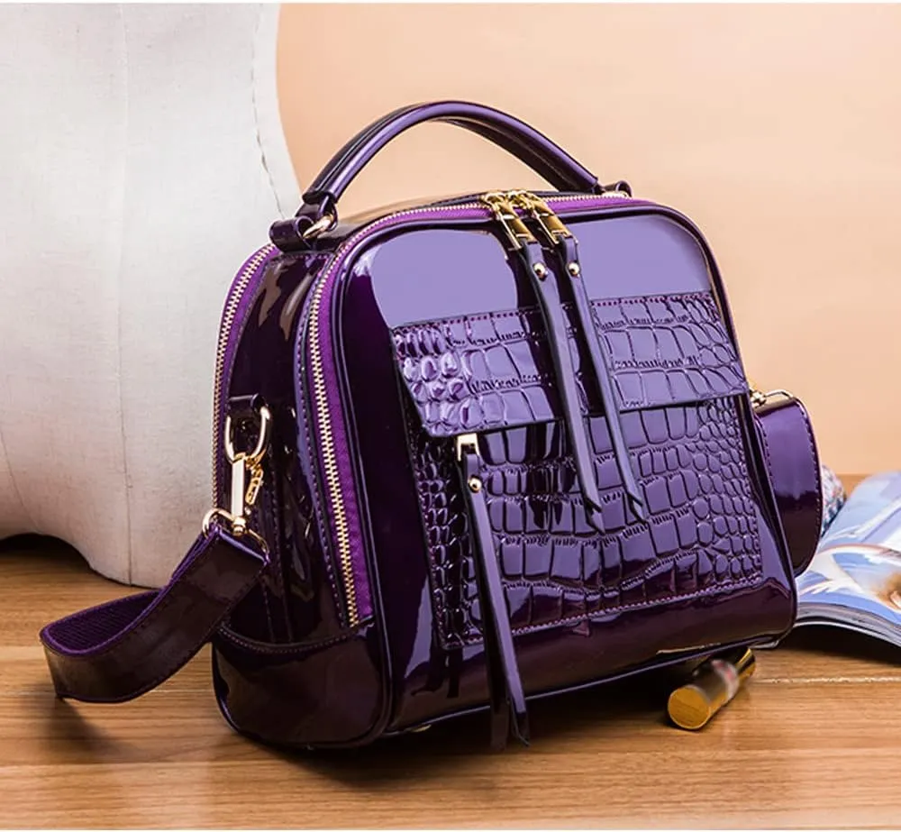 ZiMing Glossy Patent Leather Satchel Handbags for Women Top Handle Crossbody Bag Shoulder Bag Crocodile Pattern Purse